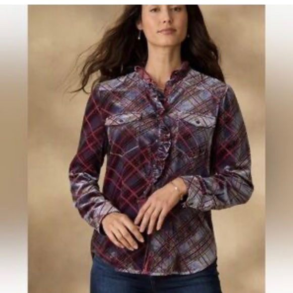 Sundance Ruffle velvet button down S - Picture 1 of 8